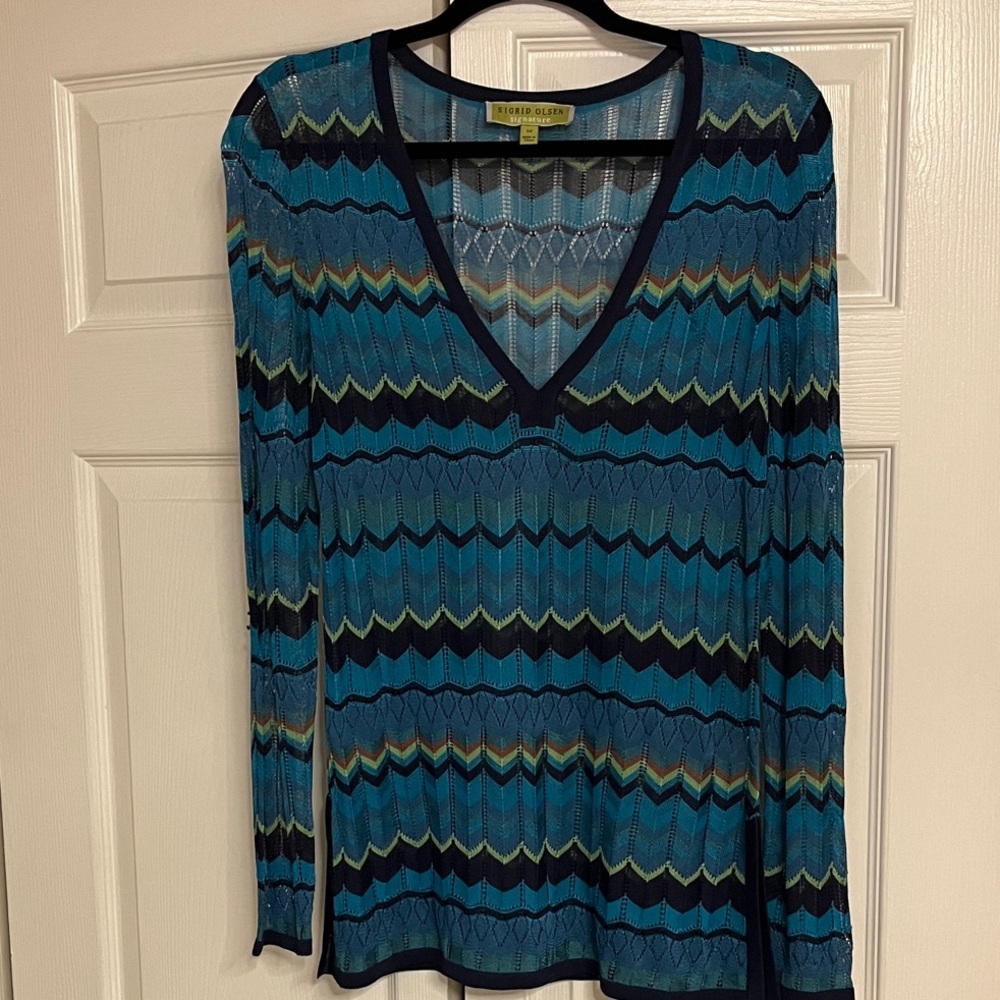 Sigrid Olsen Blue and Black Patterned Top
